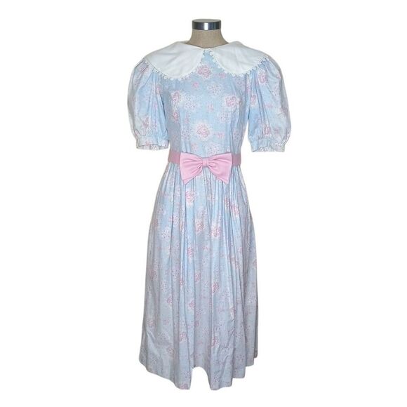 Lanz Dresses & Skirts - Vtg Lanz Originals 80s Dress Sz 8 Blue Pink Floral Cottagecore Belt Pockets READ